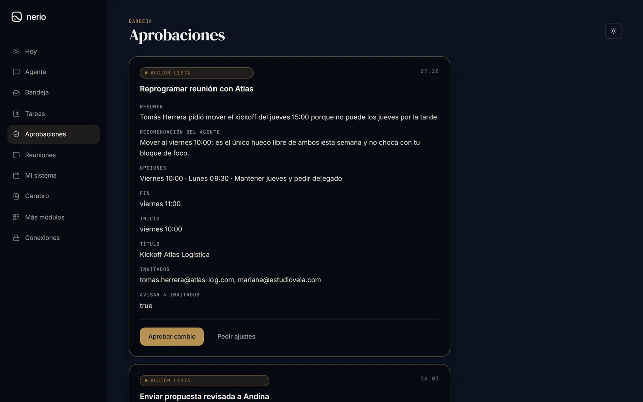 Pantalla de Aprobaciones de Nerio OS