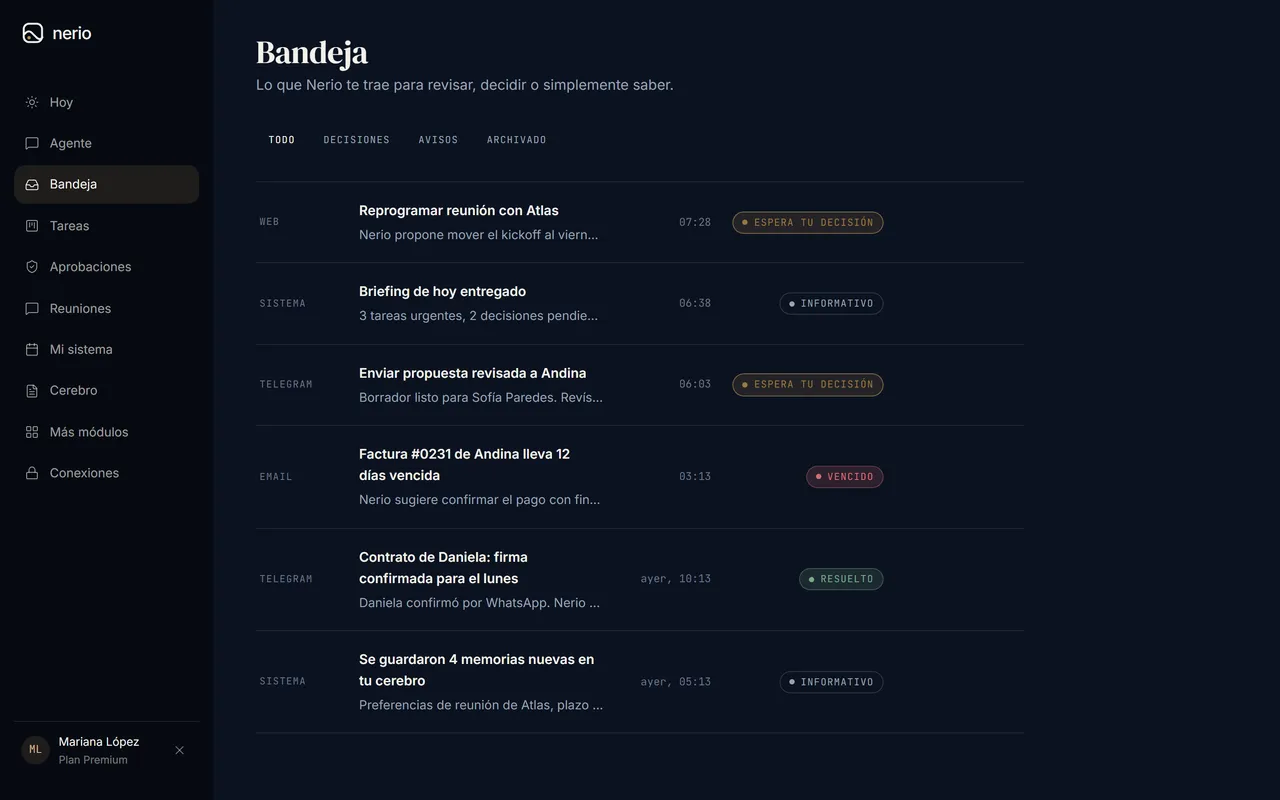Pantalla Bandeja de Nerio OS